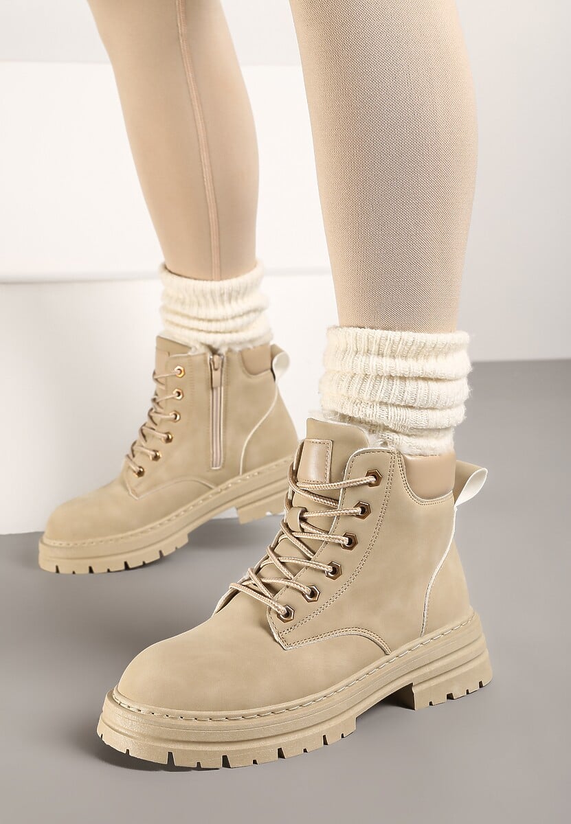 Beżowe Traperki Mocno Ocieplone Sztucznym Futerkiem Janeka