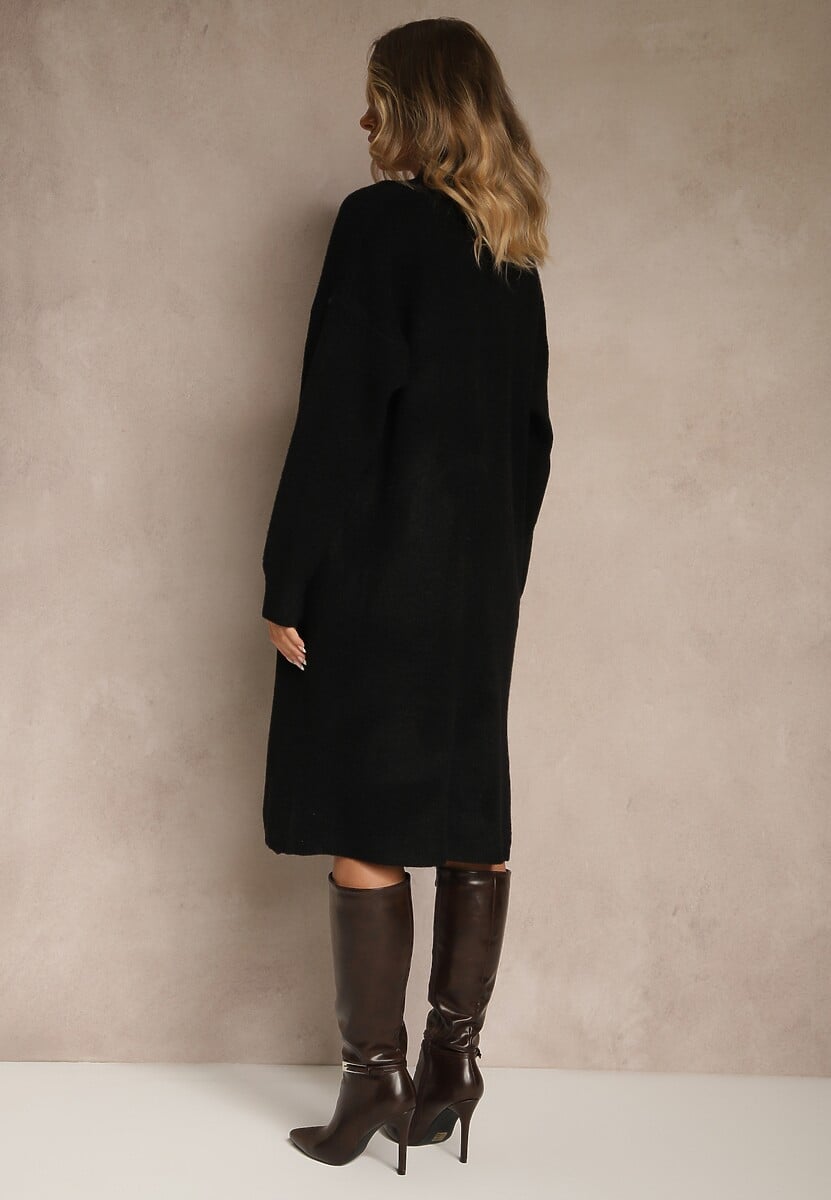 Czarny Dzianinowy Komplet z Wełną Prążkowana Sukienka i Długi Kardigan Falonessa