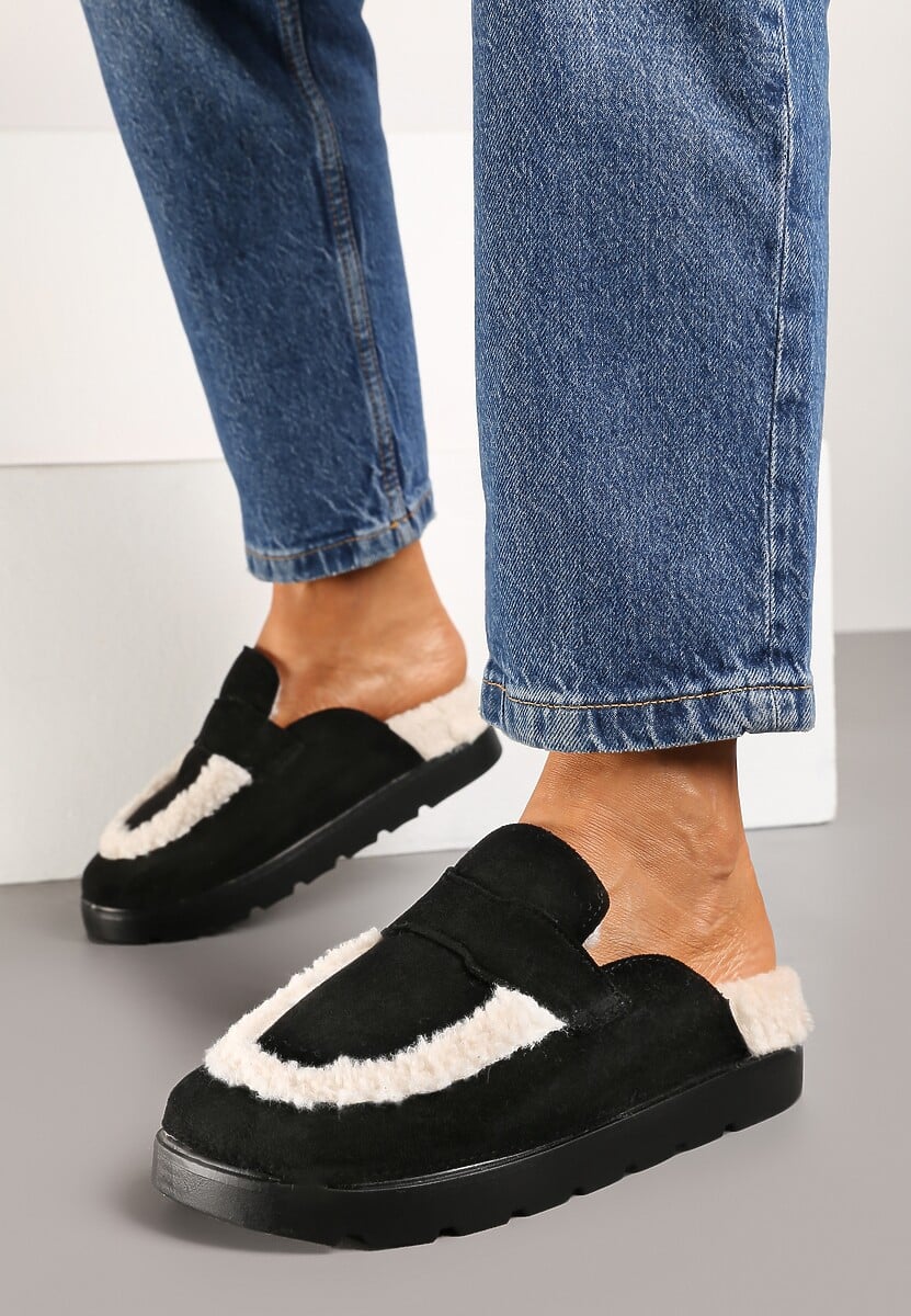 Czarne Kapcie na Płaskiej Podeszwie z Futerkiem i Paskiem Niaviera