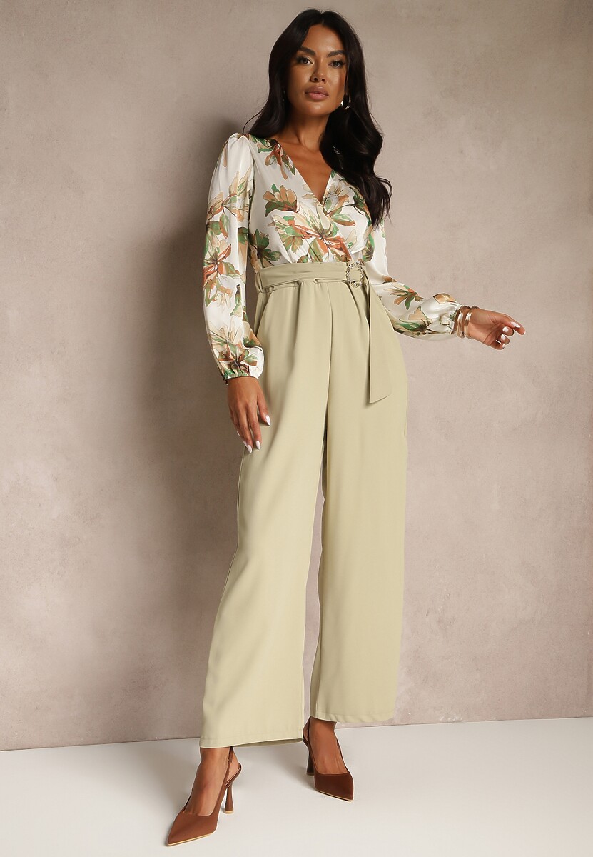 Jasnozielony Kwiatowy Kombinezon z Kopertowym Dekoltem z Paskiem i Szerokimi Nogawkami Vinia