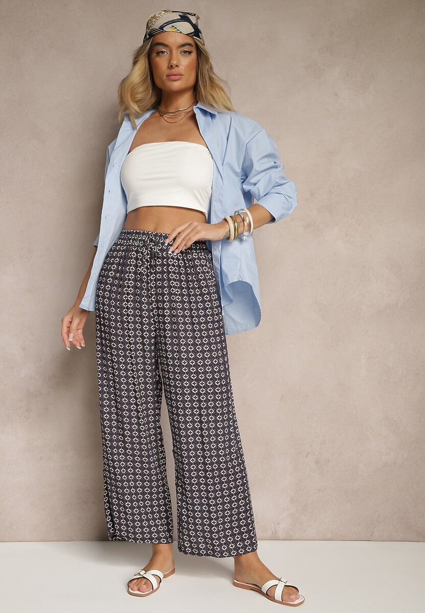 Czarno-Granatowe Spodnie o Szerokim Kroju High Waist z Geometrycznym Wzorem Farisia