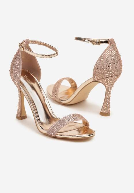 Szampańskie Brokatowe Sandały na Klepsydrowej Szpilce z Drobnymi Cyrkoniami Isoldis