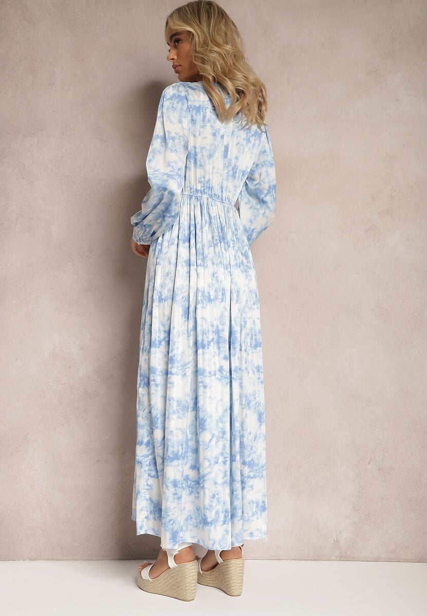 Jasnoniebieska Maxi Sukienka o Rozkloszowanym Fasonie z Guzikami Savienna