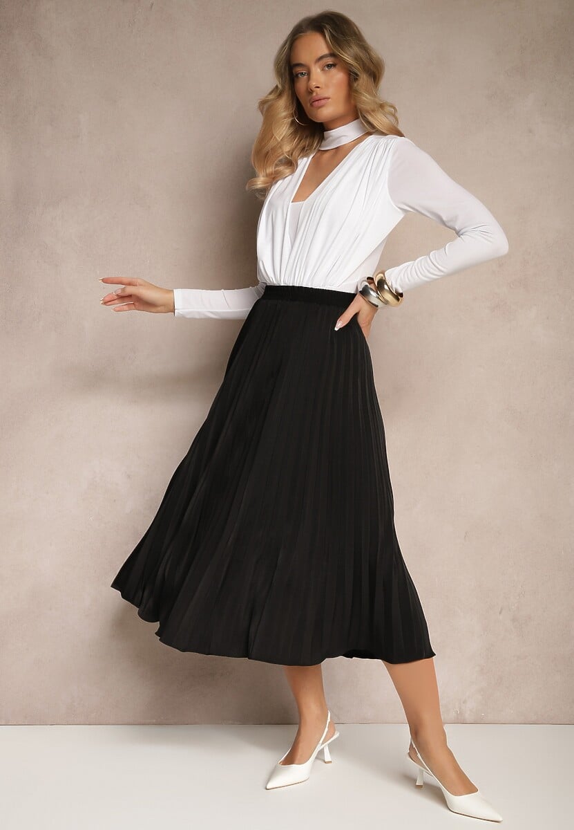 Czarna Spódnica z Wiskozą Ozdobiona Plisami Aklinea