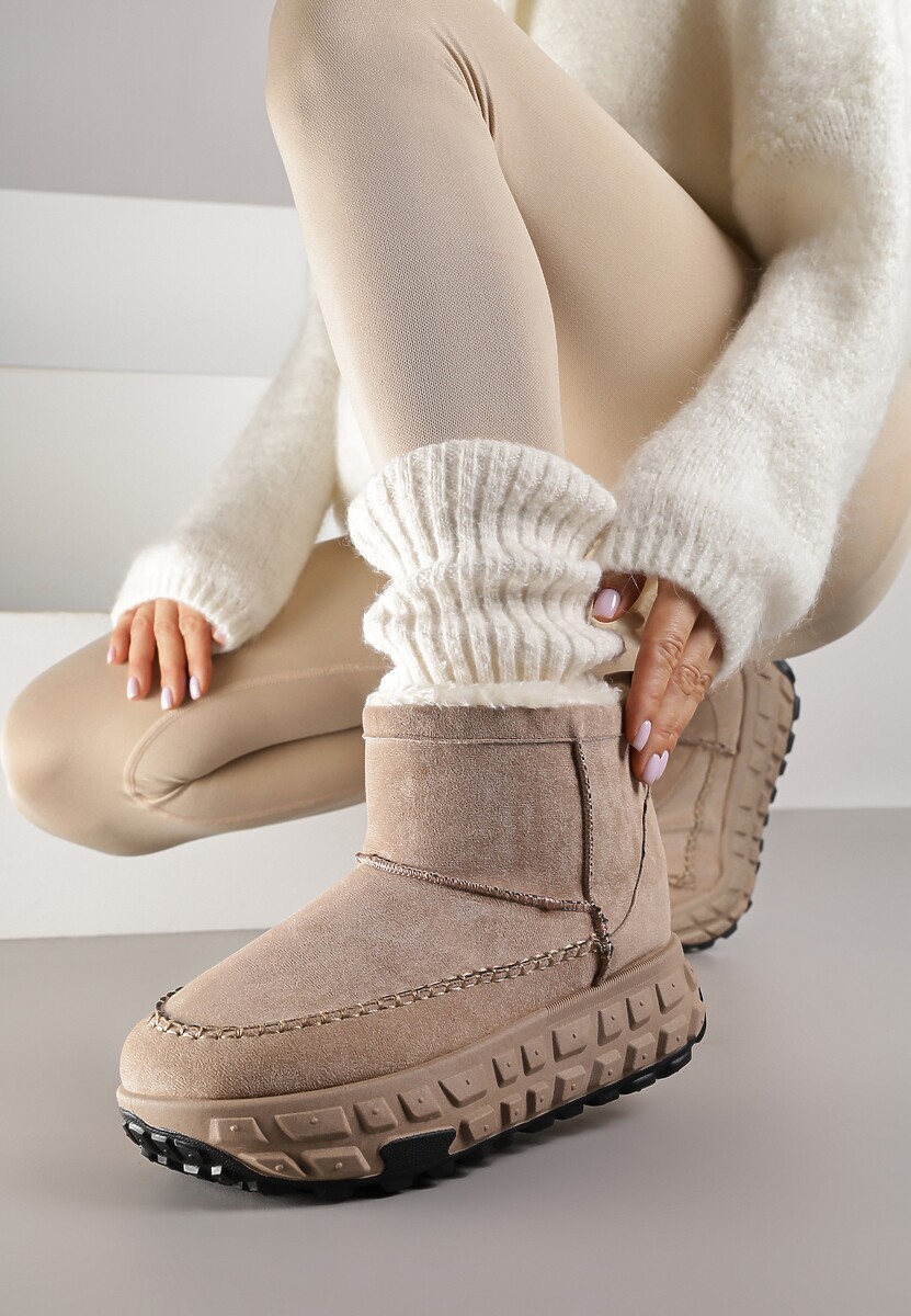 Ciemnobeżowe Śniegowce na Platformie Ozdobionej Tłoczeniem Apinelle