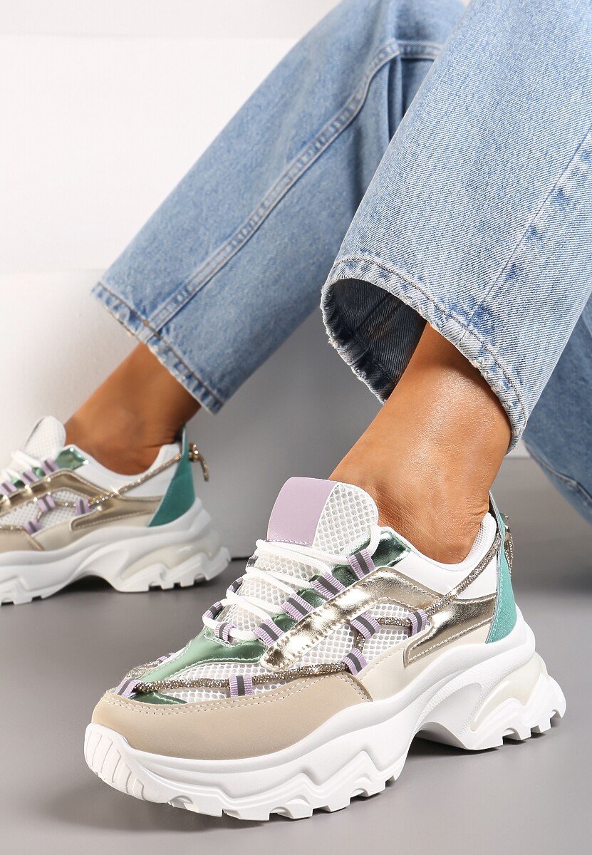 Beżowo-Zielone Sneakersy z Metalicznymi Wstawkami na Niskiej Platformie z Ozdobnym Sznurkiem Oiriema
