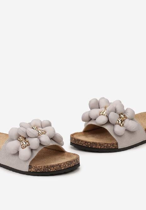Szare Klapki ze Złotymi Misiami i Kwiatkami na Profilowanej Podeszwie Isaralle