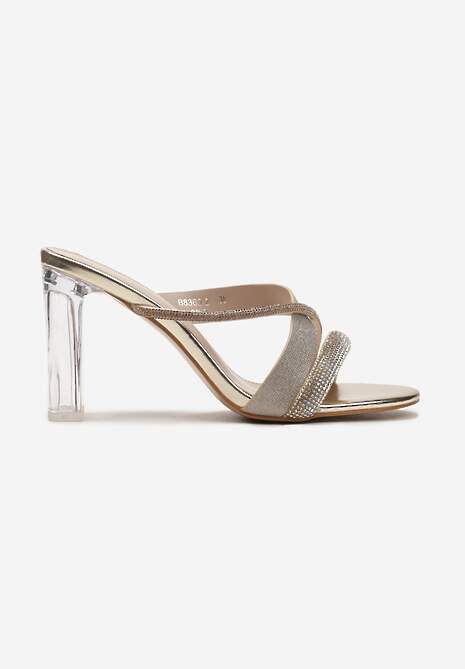 Złote Klapki Ozdobione Brokatem i Cyrkoniami z Przezroczystym Obcasem Kavinia