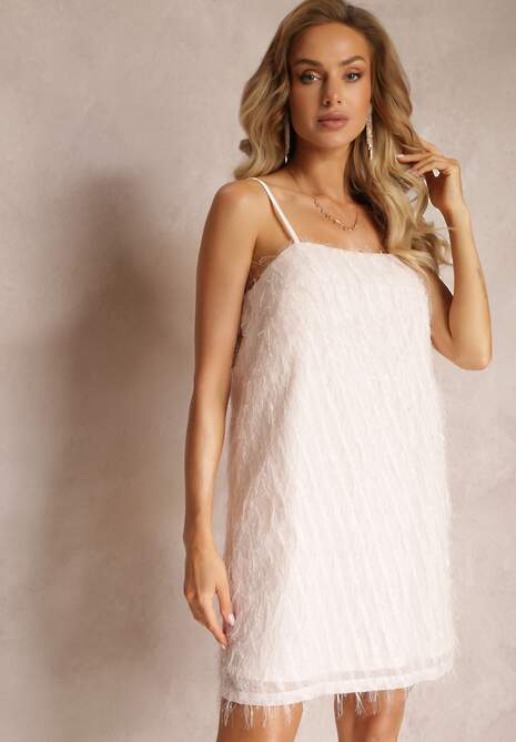 Beżowa Koktajlowa Sukienka Mini z Cienkimi Piórkami Clotile