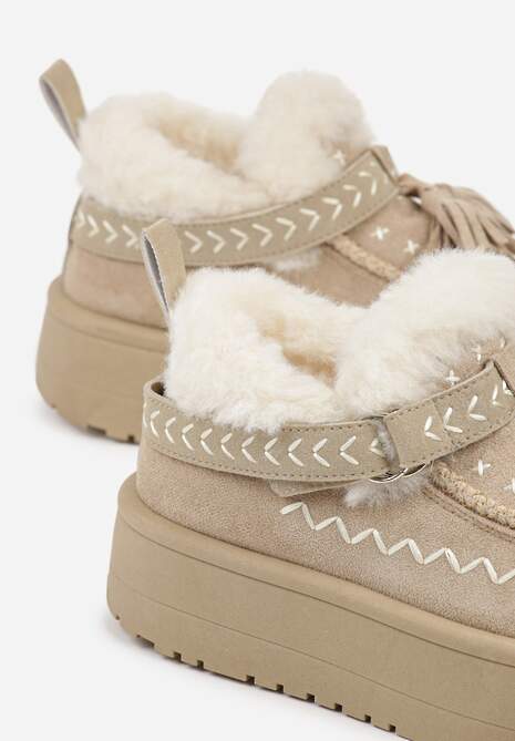 Beżowe Śniegowce na Platformie Ozdobione Haftem i Frędzlami  Linomis