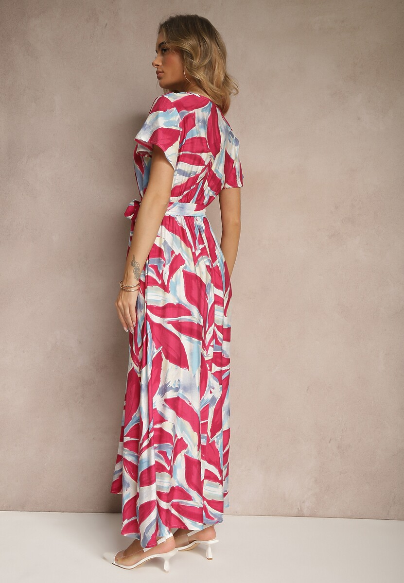 Różowa Kopertowa Sukienka z Wiskozy z Wiązanym Paskiem w Roślinny Print Arivane