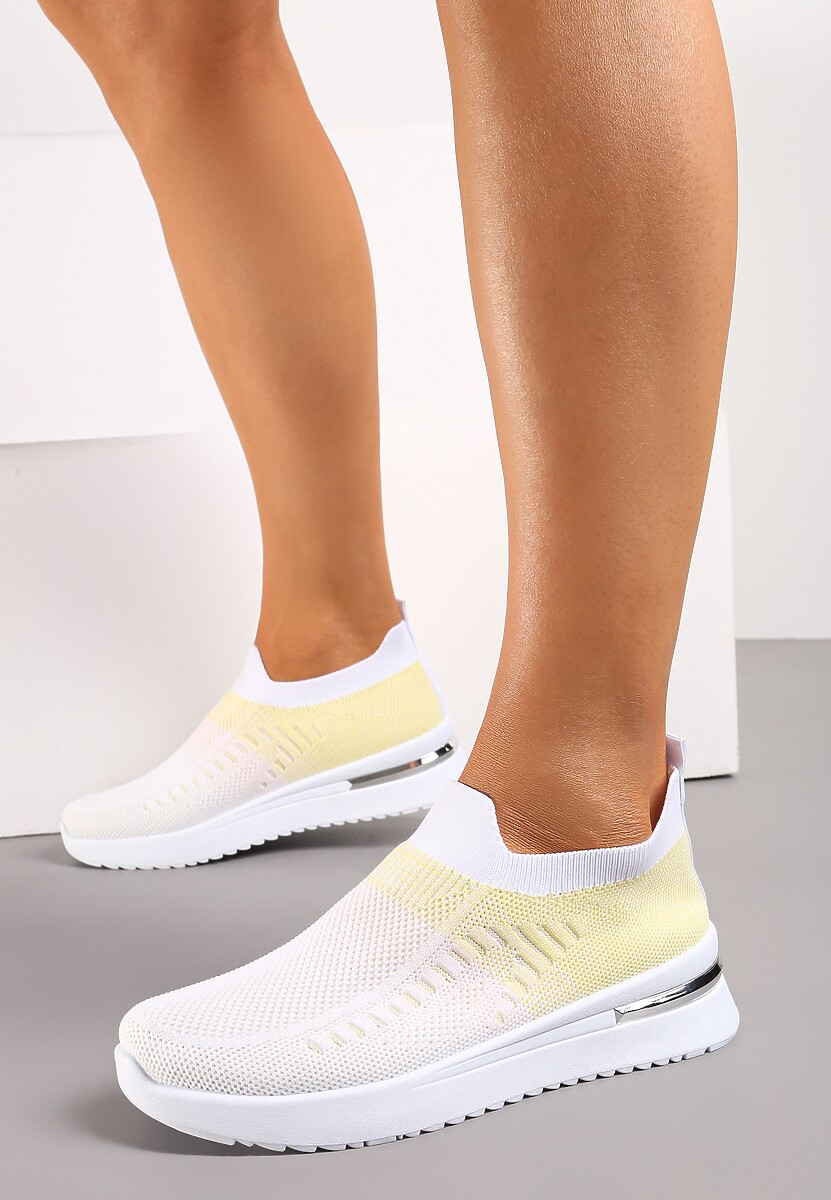 Biało-Żółte Buty Sportowe z Nadrukiem Obmre i Skarpetkową Cholewką Erinevia