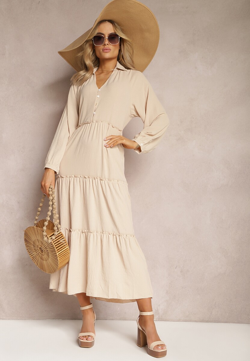Beżowa Długa Sukienka z Koszulową Górą i Rozkloszowanym Odcinanym Dołem Iremita