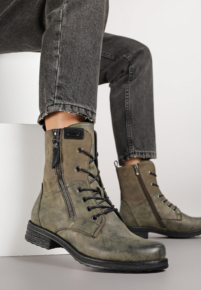 Zielone Botki w Stylu Vintage ze Sznurowaniem Vemlora
