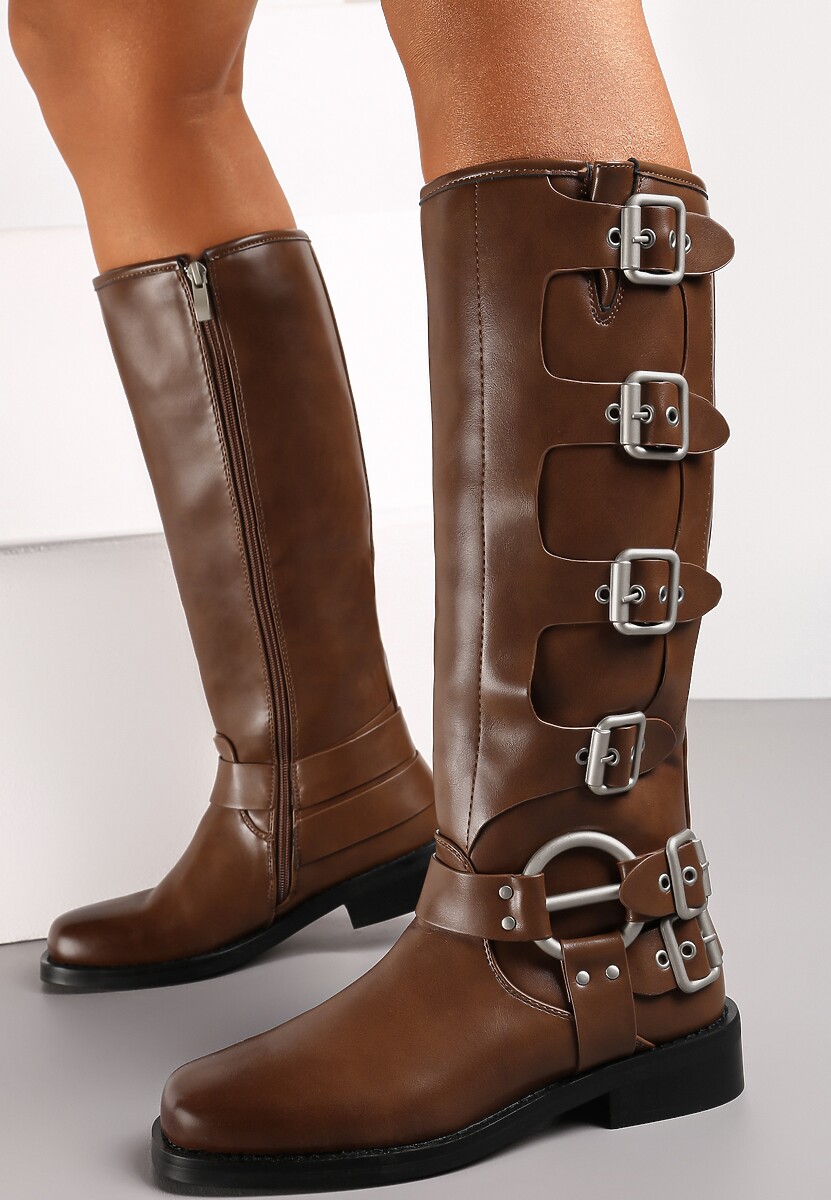 Jasnobrązowe Kozaki Biker z Ozdobnymi Klamerkami i Kwadratowym Noskiem Vivao