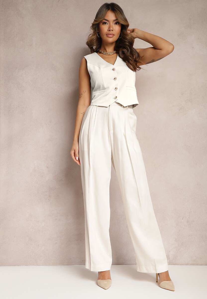 Jasnobeżowe Szerokie Spodnie High Waist z Kieszeniami Keanne