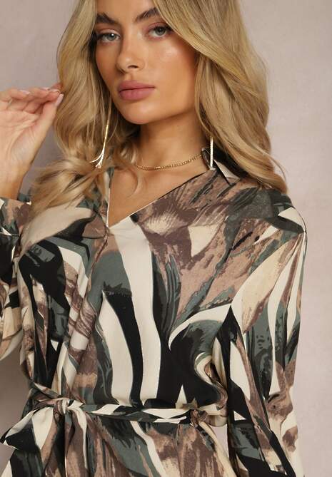 Ciemnobeżowa Wiskozowa Pudełkowa Sukienka z Kieszeniami i Paskiem Bordelia