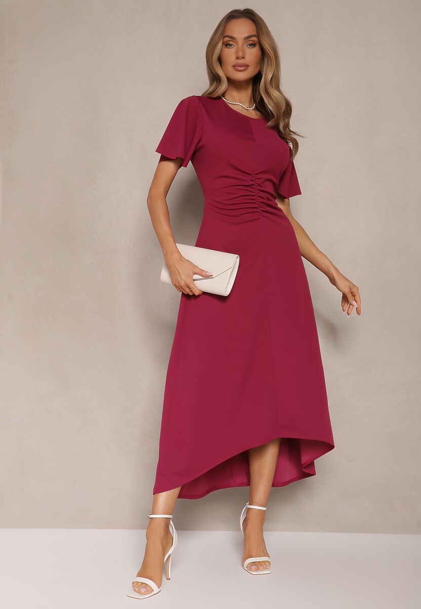 Bordowa Sukienka o Rozkloszowanym Kroju z Marszczeniem Odarene