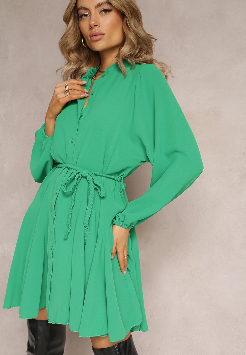 Zielona Rozkloszowana Sukienka Koszulowa z Paskiem Javiana