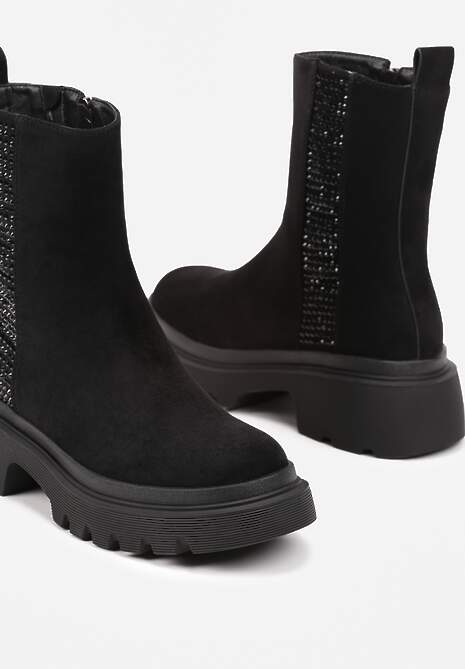 Czarne Botki w Stylu Sztybletów na Platformie z Cyrkoniami Rexindra