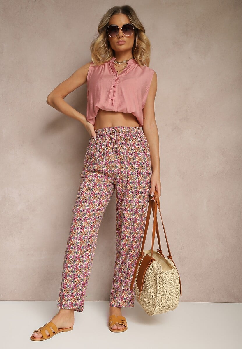 Czarne Spodnie z Bawełny o Prostym Kroju z Gumką w Pasie w Geometryczny Print Avelriz