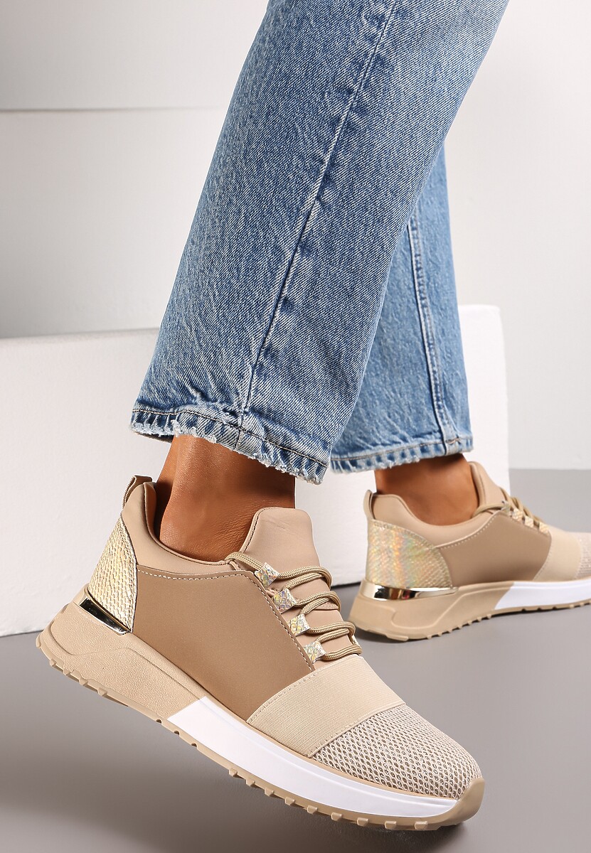 Ciemnobeżowe Sneakersy z Elastyczną Cholewką przed Kostkę i Brokatem Dalapa