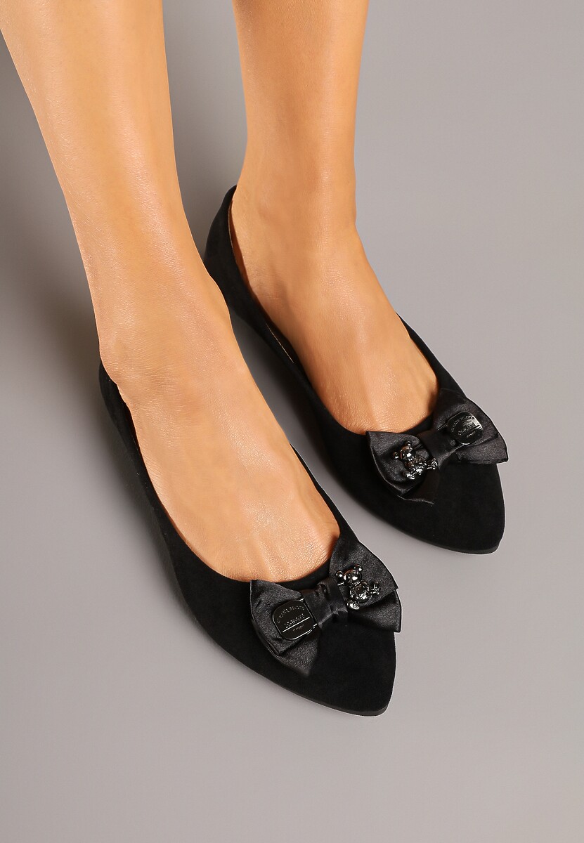 Czarne Balerinki z Wkładką ze Skóry Naturalnej Ozdobione Kokardą Galunea