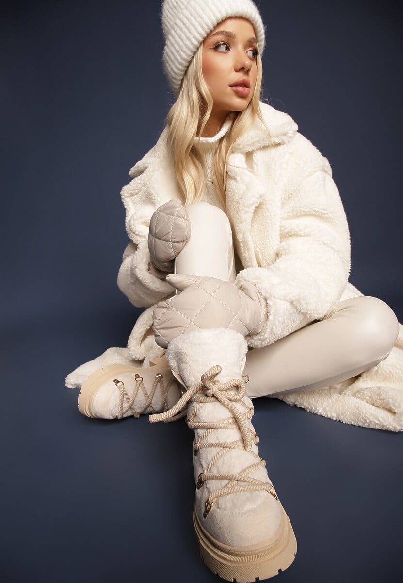 Beżowe Traperki Wiązane na Sznurek Ozdobione Kożuszkiem Sidonnie