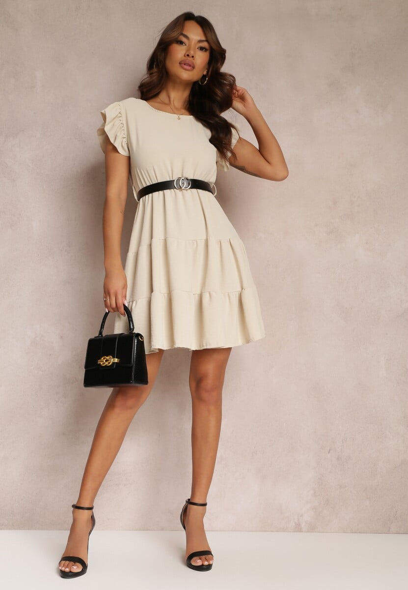 Jasnobeżowa Sukienka Mini z Falbankami Paskiem i Gumką w Talii Lavada