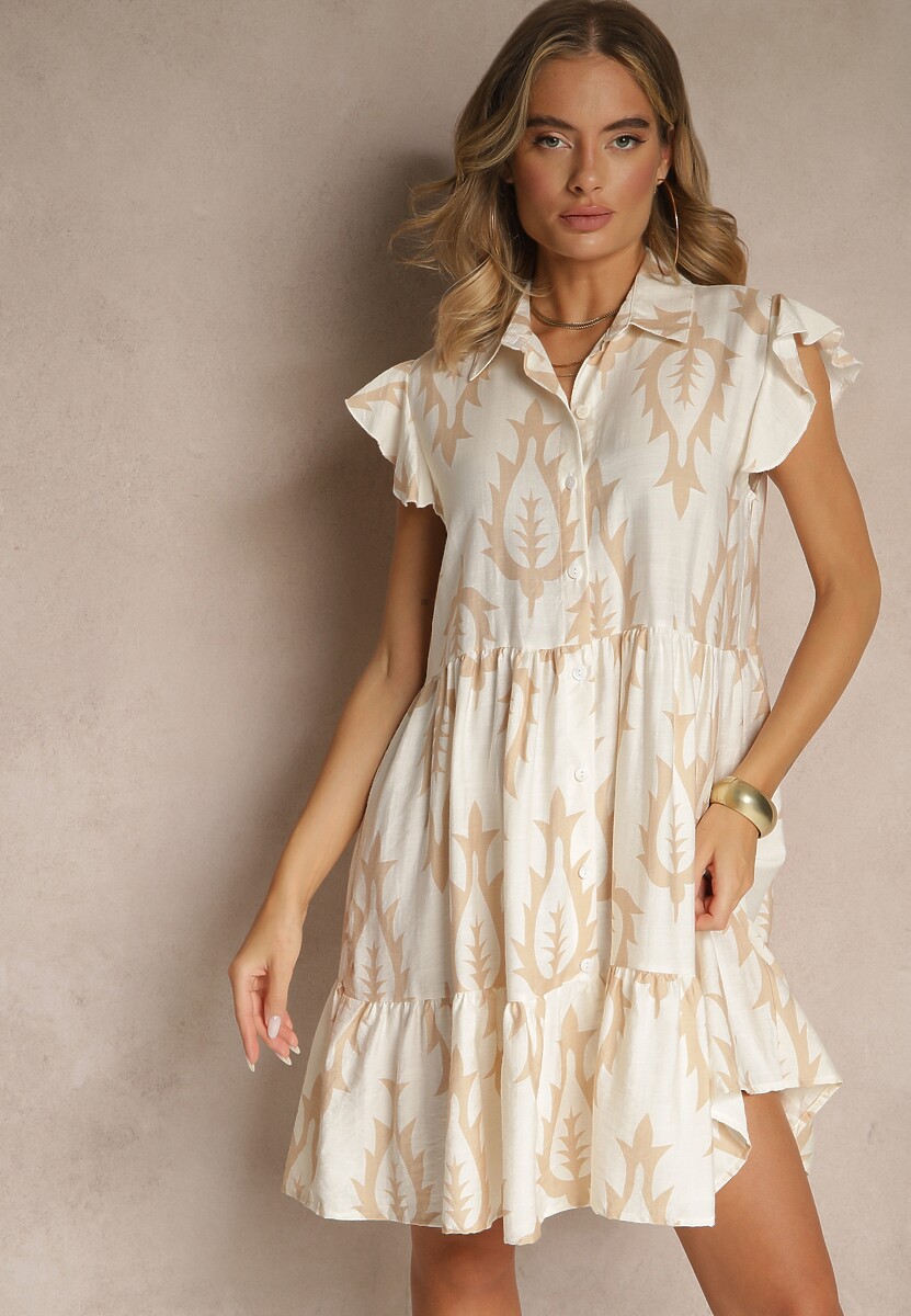 Beżowa Koszulowa Sukienka z Lnem i Wiskozą o Rozkloszowanym Kroju Aranese