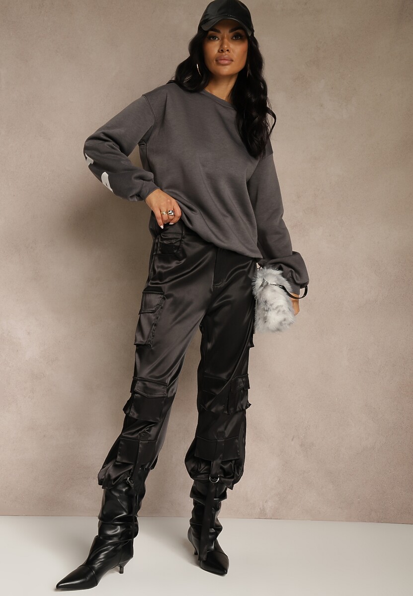 Szara Bluza Ocieplana z Bawełną Ozdobiona Napisem Fezurra