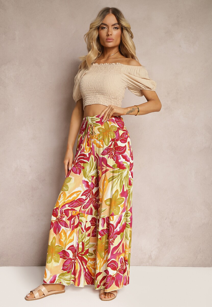 Żółto-Różowe Spodnie High Waist z Wiskozy Typu Palazzo z Gumkami w Talii Haestria