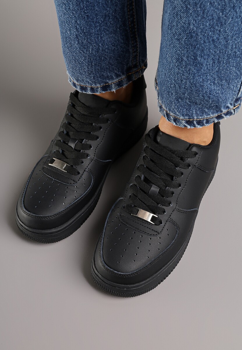 Czarne Sneakersy ze Skóry Naturalnej z Perforacją Rilarose