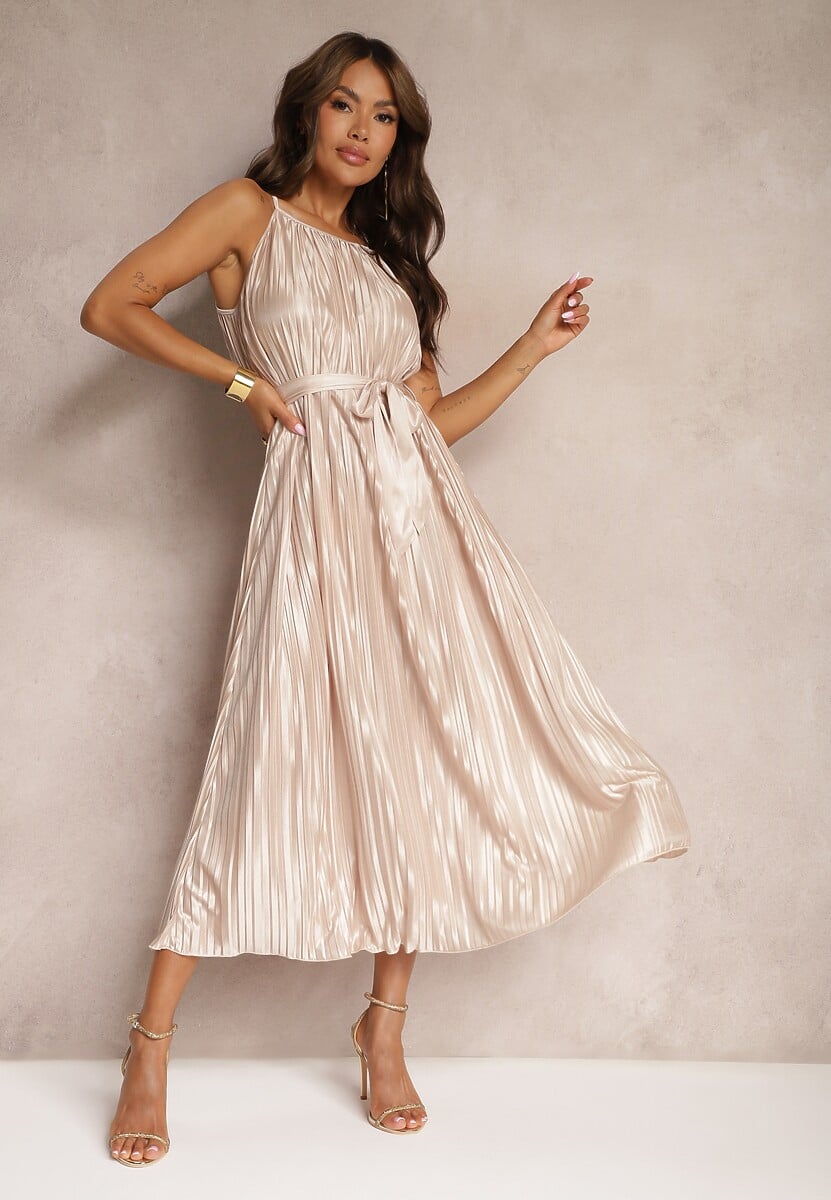Beżowa Sukienka Plisowana z Paskiem w Talii na Cienkich Ramiączkach Wasea