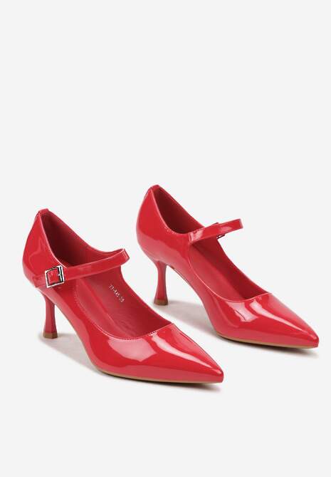 Czerwone Czółenka Lakierowane na Szpilce z Ozdobnym Paskiem na Sprzączkę Erisla