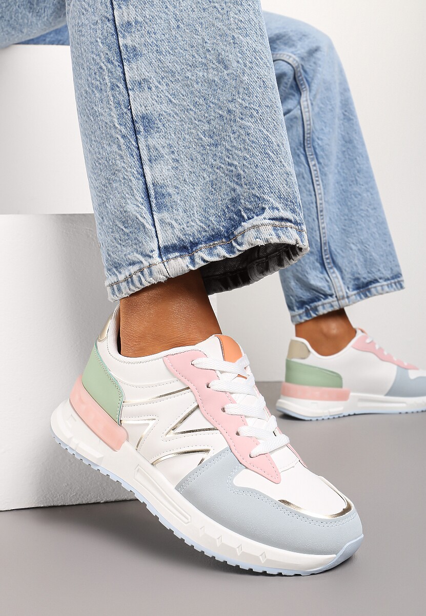 Biało-Niebieskie Płaskie Sneakersy ze Sznurowaniem z Metalicznymi Wstawkami Remarie