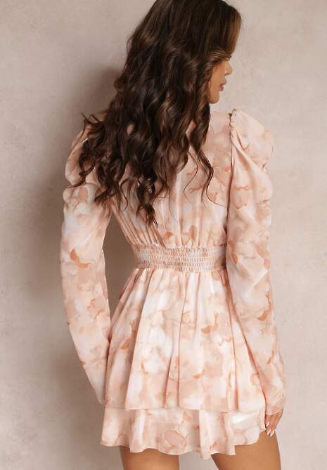 Ciemnobeżowa Sukienka Mini z Falbankami i Ozdobnym Paskiem z Okrągłą Klamerką Kaylia