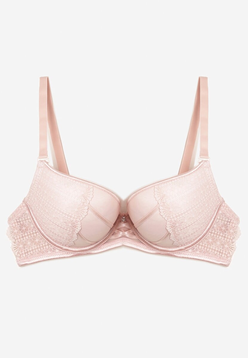 Różowy Biustonosz o Fasonie Push Up Ozdobiony Koronką i Cyrkoniami Topazia