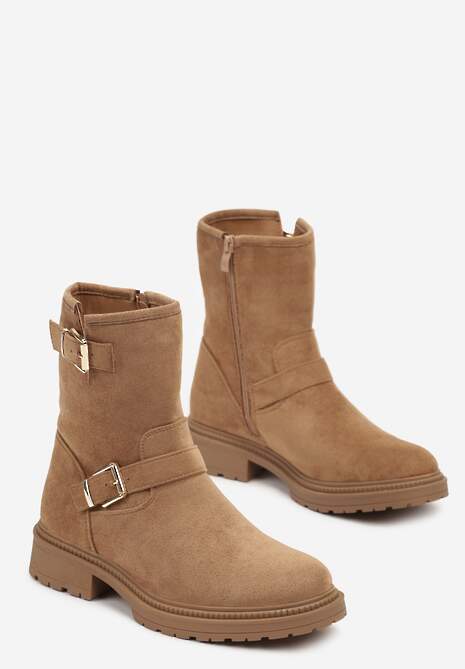 Brązowe Botki z Ekozamszu ze Stylowymi Klamrami i Paseczkami przy Cholewce Nevalune