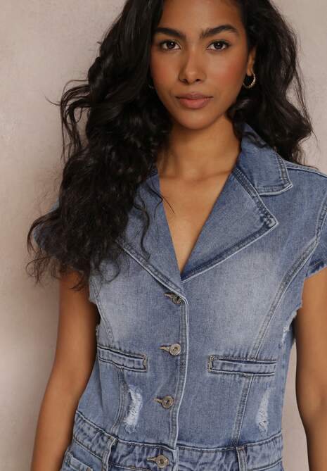 Niebieska Sukienka Mini z Jeansu z Dziurami i Dużym Kołnierzem Victori