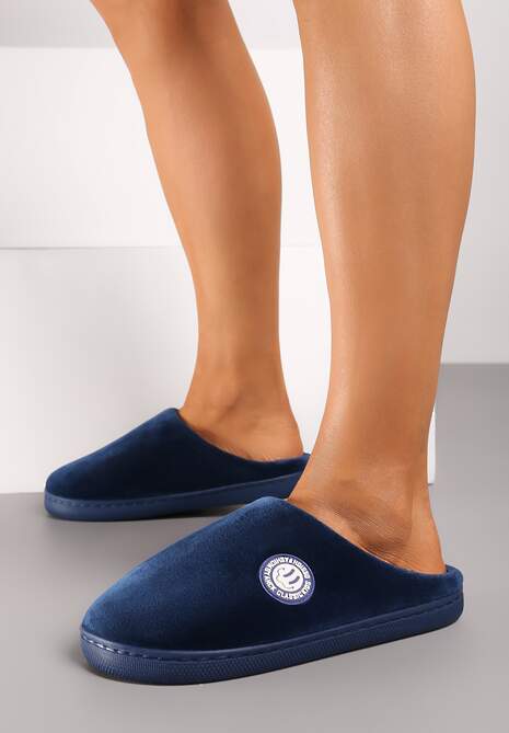 Granatowe Kapcie na Płaskiej Podeszwie Ozdobione Futerkiem w Stylu Baranka Mairelle