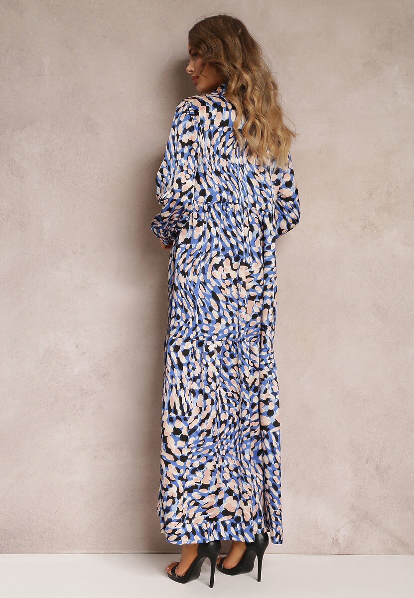 Granatowo-Niebieska Rozkloszowana Sukienka Koszulowa w Fantazyjny Print Alendia