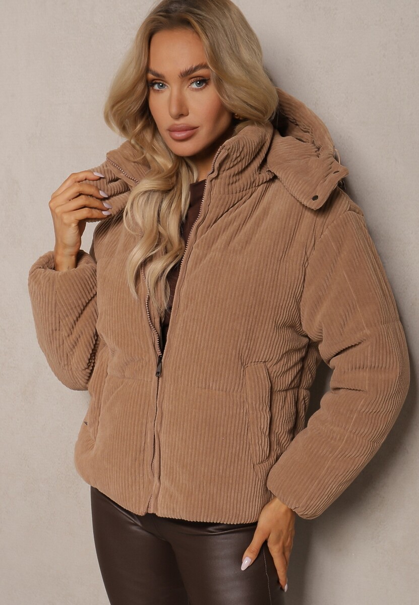 Brązowa Puchowa Kurtka Sztruksowa z Kapturem z Możliwością Odpięcia Sinrielle
