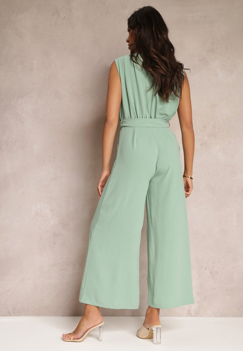 Zielony Długi Kombinezon z Kopertowym Dekoltem i Paskiem Violettsa