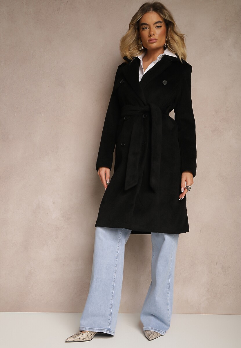 Czarny Dwurzędowy Płaszcz z Wiskozy z Paskiem w Talii Beluna