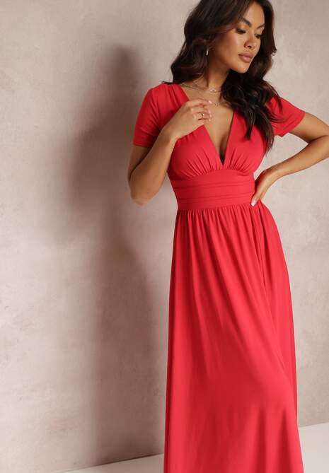 Czerwona Sukienka Maxi z Rozkloszowanym Dołem i Rozcięciem Zarya