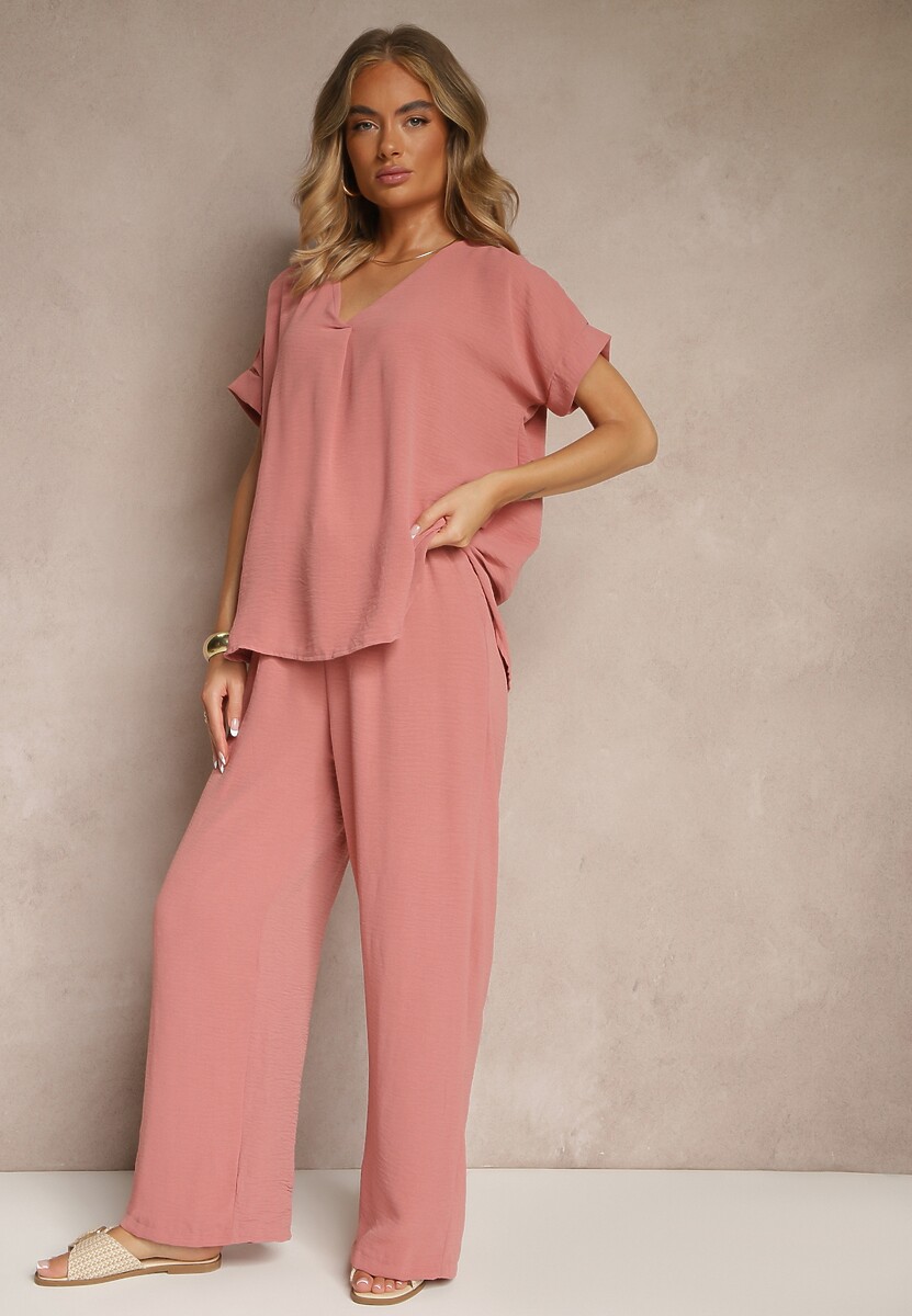 Ciemnoróżowy Komplet Bluzka i Luźne Spodnie z Wiskozą i Kieszonkami Efraria