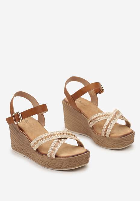 Beżowe Sandały na Koturnie z Jutową Plecionką i Splecionymi Paskami Rosadusk