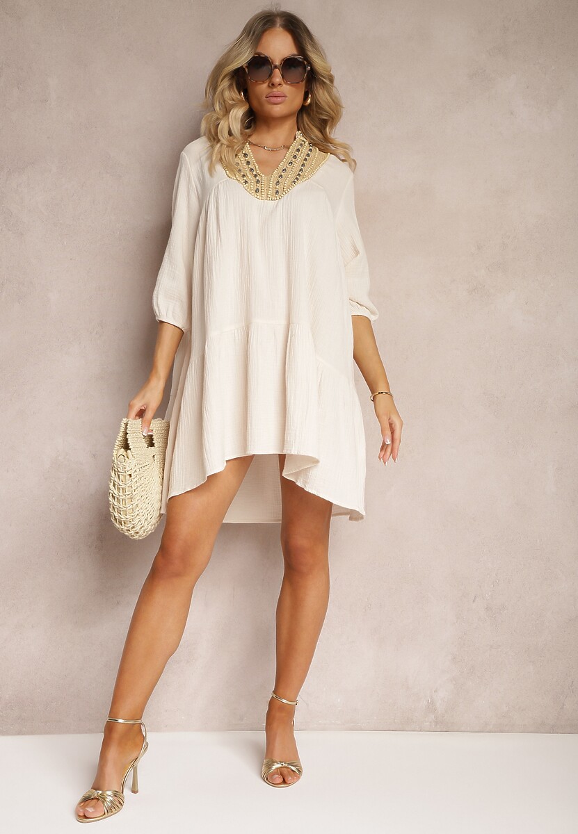 Beżowa Rozkloszowana Sukienka Mini Ozdobiona Plecionką Przy Dekolcie Rufta