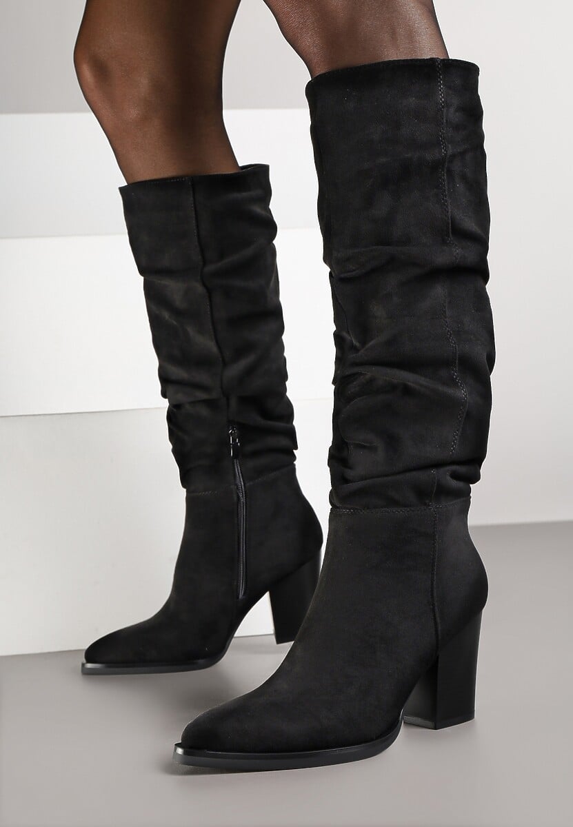 Czarne Kozaki z Ekozamszu na Obcasie Typu Słupek z Marszczeniem przy Cholewce Railaria